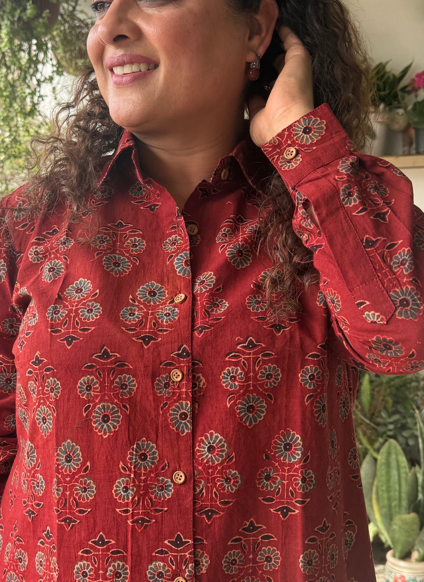 Ajrakh Cotton Shirt Dress- Red