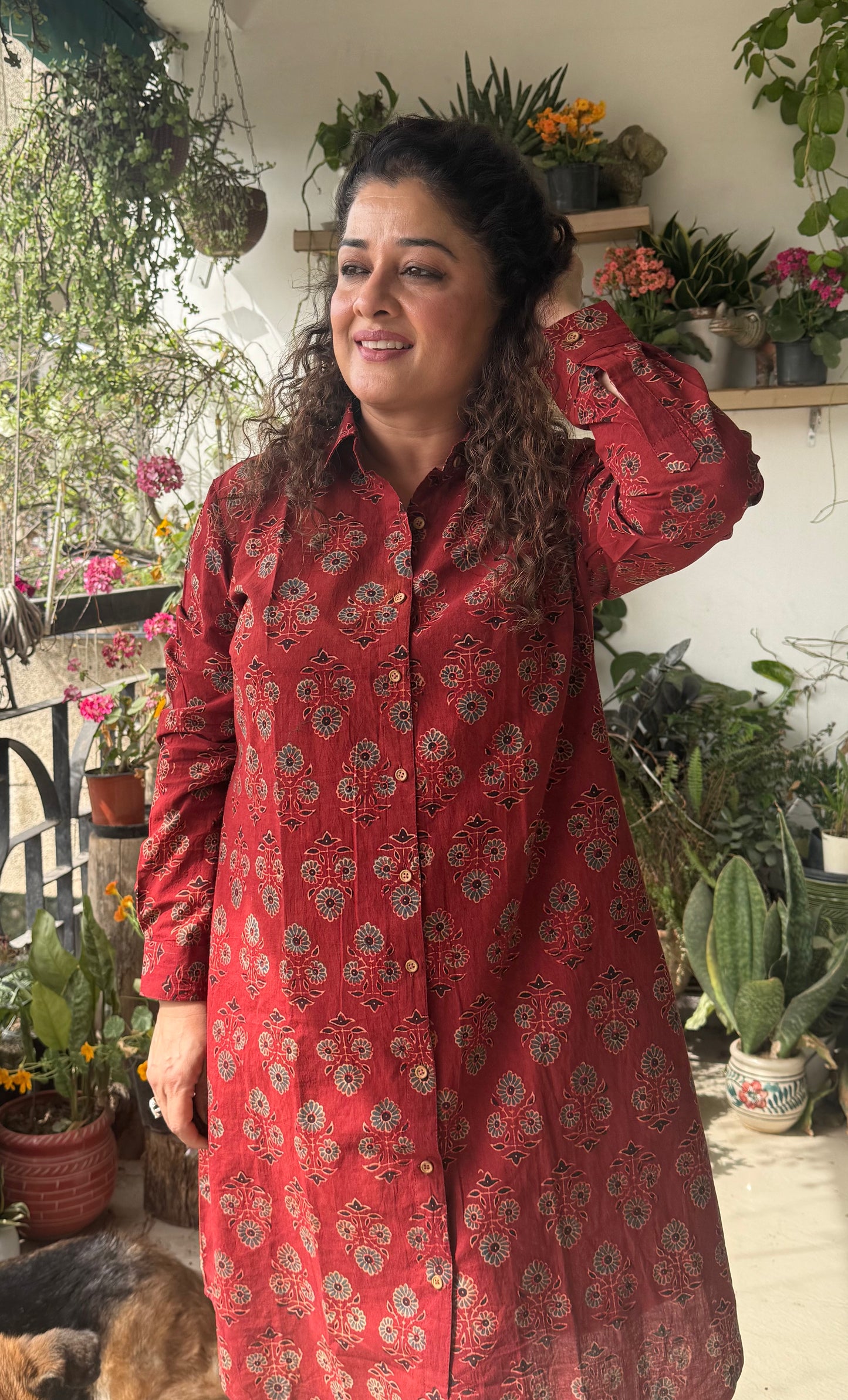 Ajrakh Cotton Shirt Dress- Red