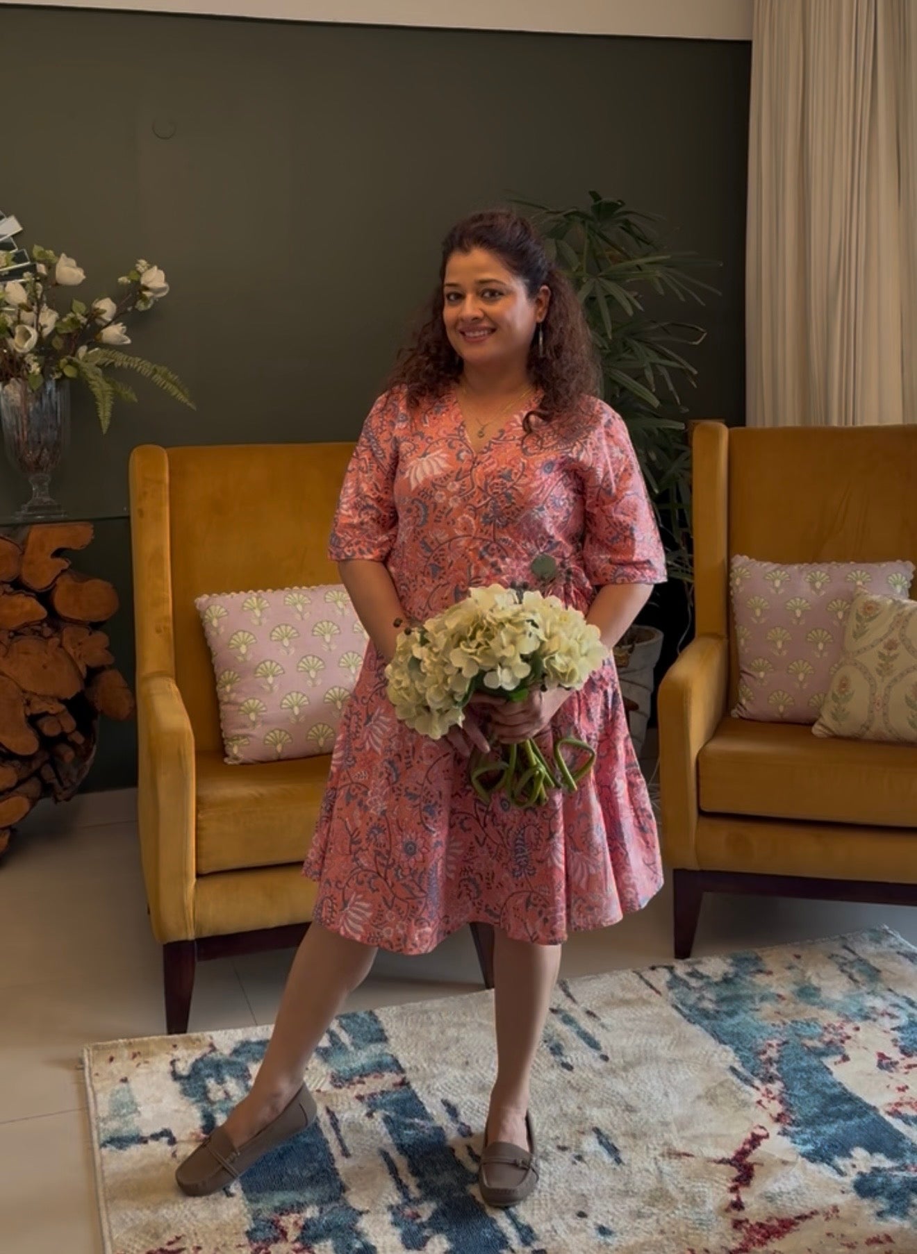 Hand Block Printed Cotton Wrap Dress: Green with Orange Flowers