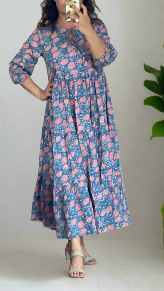 Hand Block Printed Tiered cotton Dress; Steel Blue