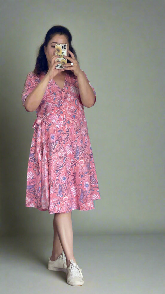 Hand Block Printed Cotton Wrap Dress: Peach