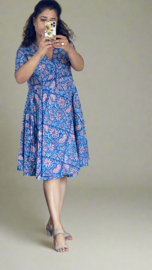 Hand Block Printed Cotton Wrap Dress: Blue