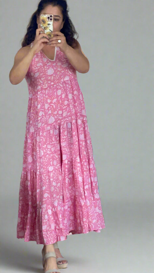 Hand Block Printed Halter Dress: Pink