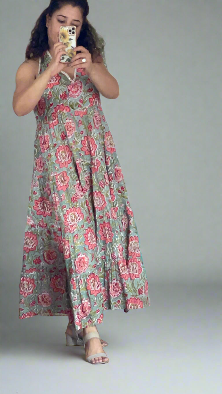 Hand Block Printed Halter Dress: Green Floral