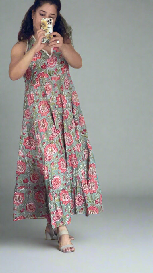 Hand Block Printed Halter Dress: Green Floral