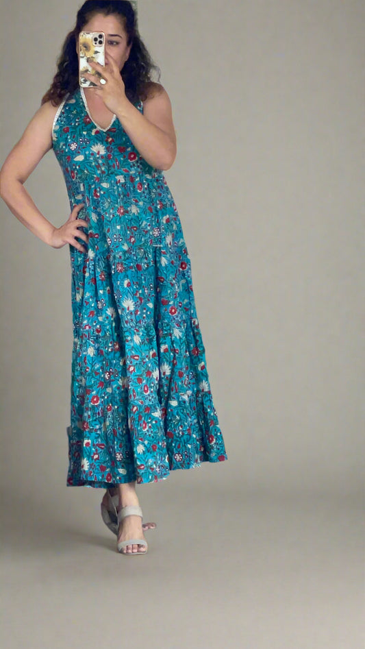 Hand Block Printed Halter Neck Dress: Blue