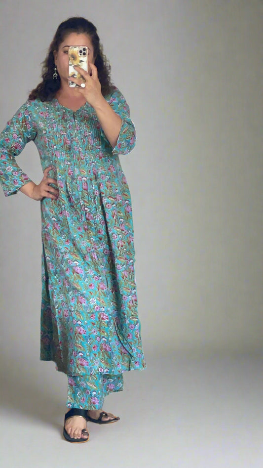 Hand Block Printed Pintuck Green Suit set