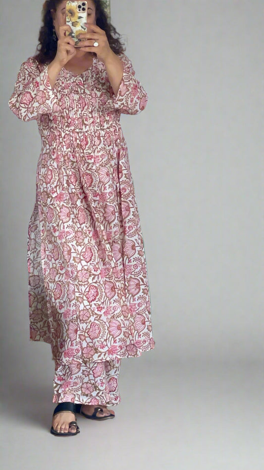 Hand Block Printed Pintuck White Suit Set