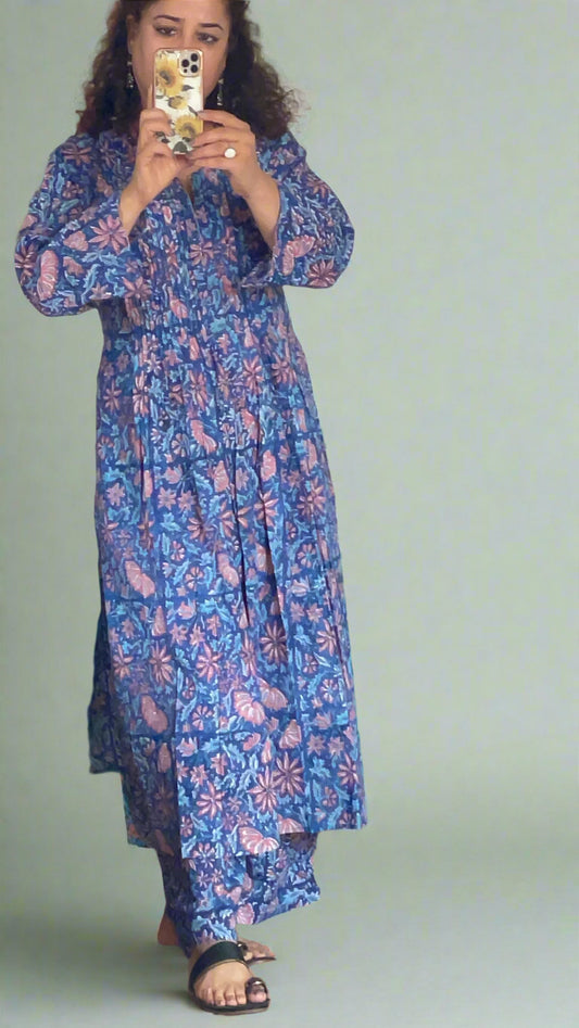 Hand Block Printed Pintuck Set: Blue