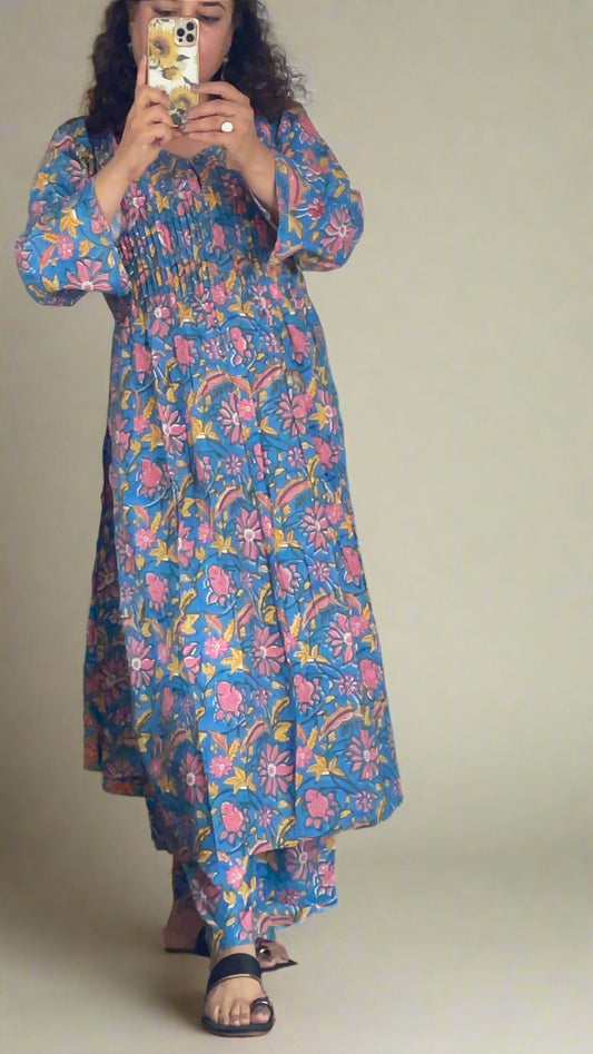 Hand Block Printed Pintuck Set : Blue Pink